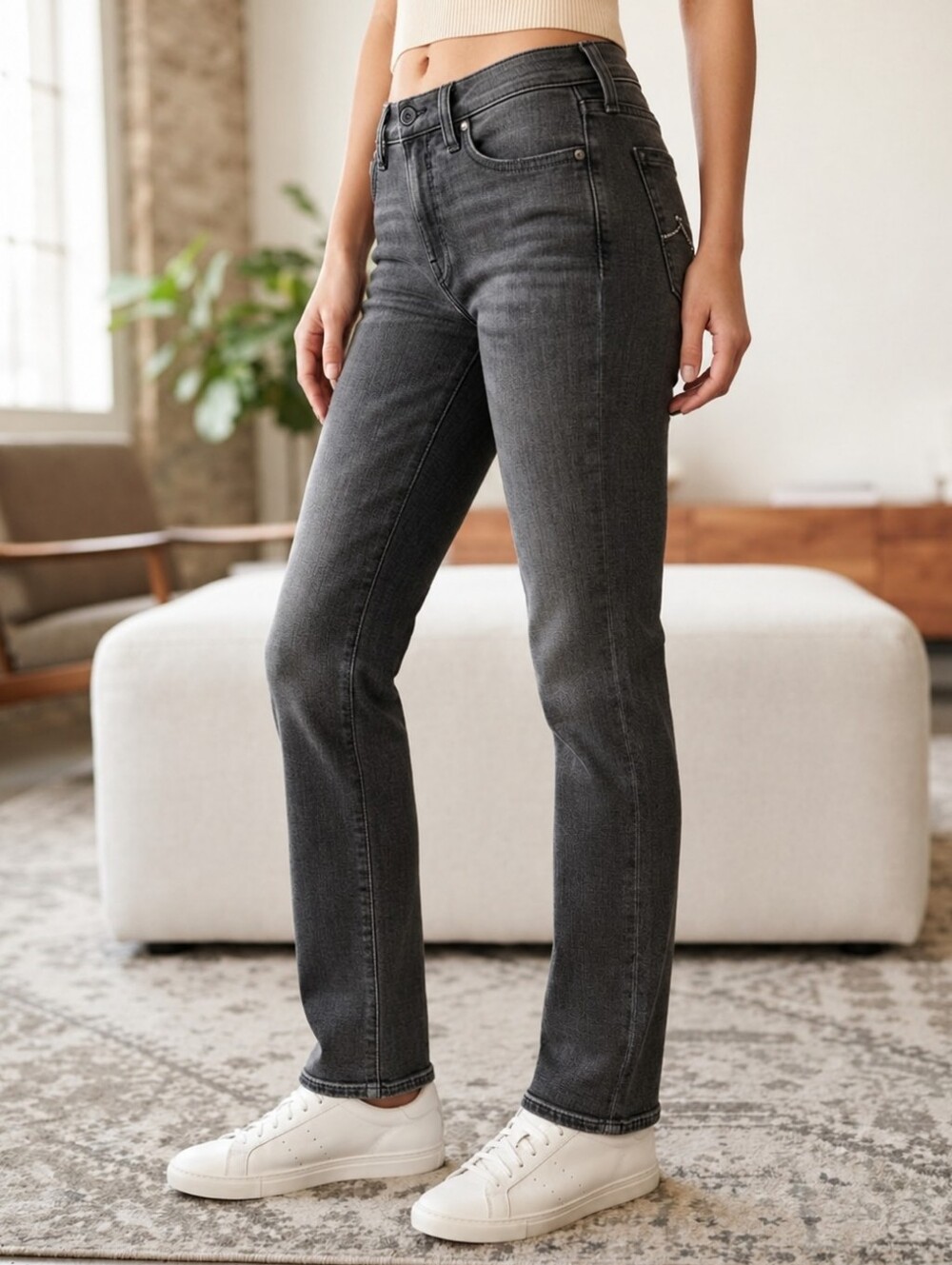 For All Mankind Black Washed Rhinestone Low Rise Straight Leg Jeans Size 24